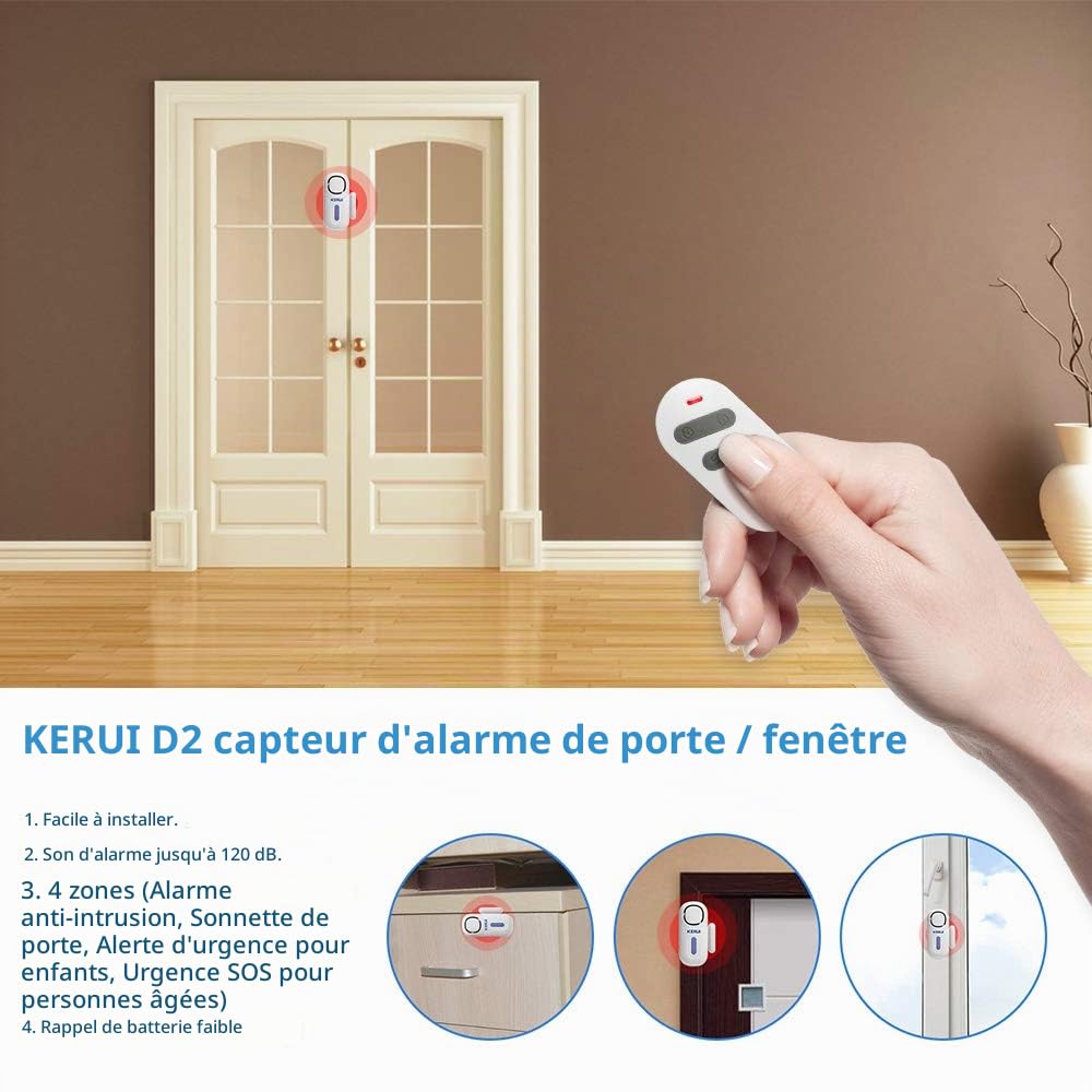 KERUI Détecteur Ouverture Porte et Fenêtre avec Système Alarme Maison sans Fil pour la Maison, Garage, Bureau - 1 Alarme de Porte 1 Télécommande 4 Détecteurs de Porte.