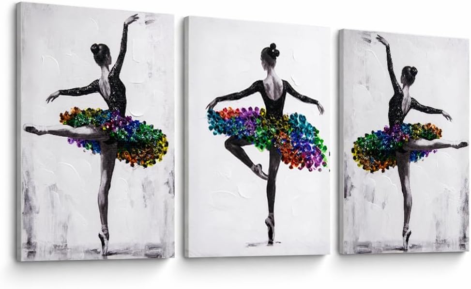 Artiluxy Ballet Dancer Canvas Wall Art Set of 3, 12x16 Inch Ballerina Prints with Rhinestone Accents, Ready to Hang Framed Wall Decor for Bedroom Dance Studio, Black White Modern Art