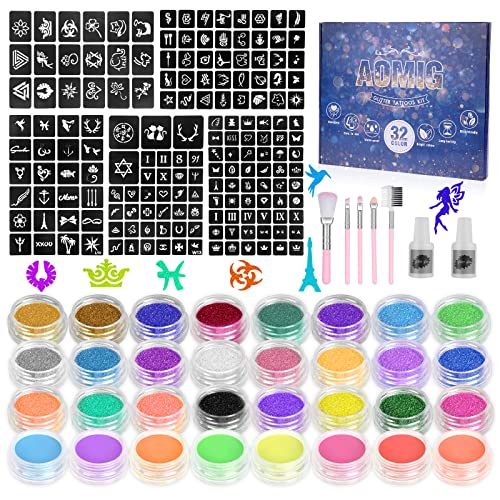 Aomig Glitter Tattoo Kit, Kids Temporary Tattoo Set - 24 Colours Glitter, 8 Fluorescent Powder, 172 Stencils, Unique Body Nail Glitter Safe Body Make-Up For Kids And Adults Halloween Christmas Party #TOP7