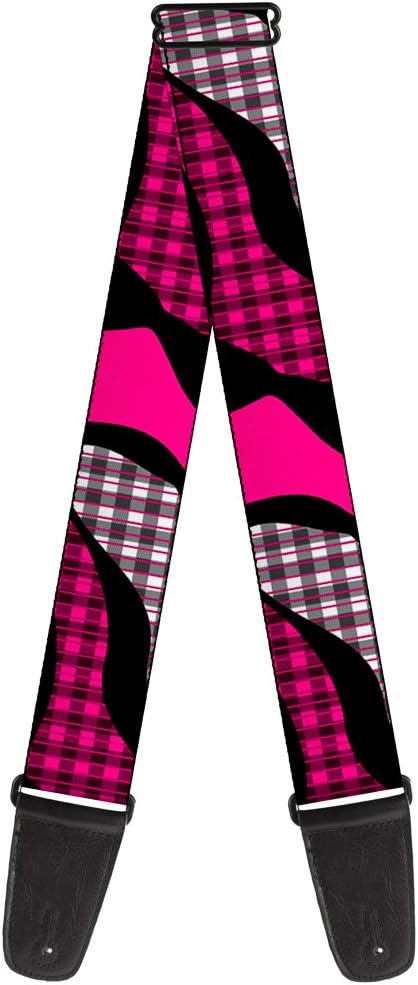 Buckle-Down Guitar Strap Buffalo Plaid Abstract White Black Fuchsia 2 Inches Wide