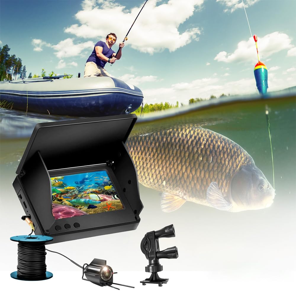 Sarini Cámara subacuática con sonda para Pesca, Gran Angular, visión Nocturna por Infrarrojos, Resistente al Agua, Pantalla IPS de 5 Pulgadas para Pesca en Hielo, ríos y embarcaciones