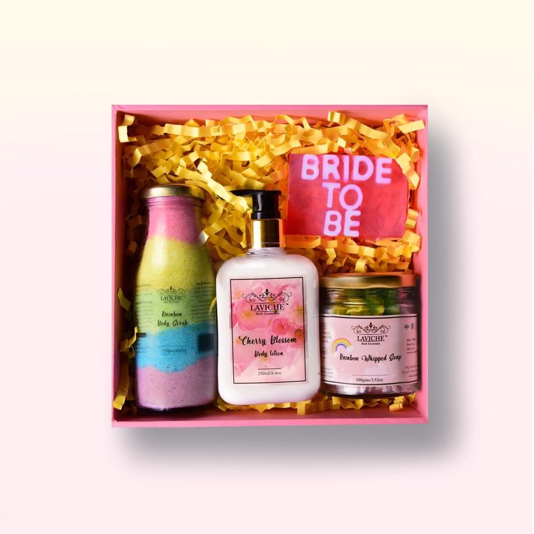 Laviche Bath Essentials Bride To Be Bath & Body Gift Box With Rainbow Whipped Soap, Rainbow Body Scrub, Cherry Blossom Body Lotion | Bridal Pampering Box | Skincare & Organic Box-picture-13