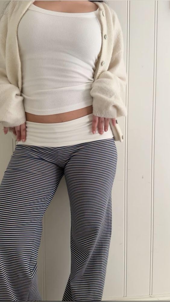 Seyurigaoka Fold Over Flare Legging for Women Low Rise Wide Leg Foldover Yoga Pants Bell Bottoms Teen Girls Cute Sweatpants - Image 4