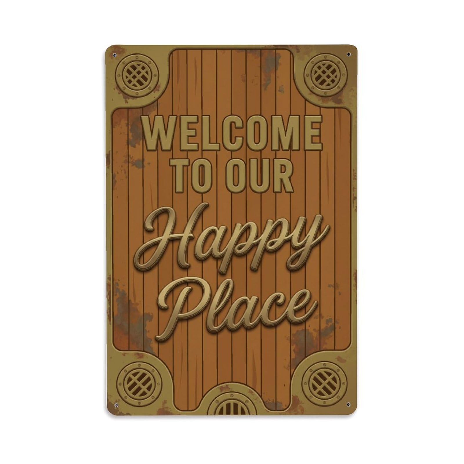 Welcome To Our Happy Place Vintage Scupper Deck Metal Tin Sign Plaque Wall Decor for Cafe, Club Bar, Office, Home Garden Metal Poster 8x12Inch
