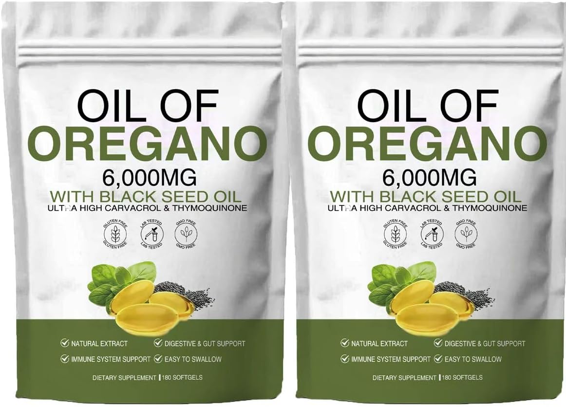 Oil of Oregano Supplement Capsules, 2-in-1, 6000mg Oregano Oil with 200mg Black Seed Oil, Non-GMO & Immune Support (360 Count) 2pack
