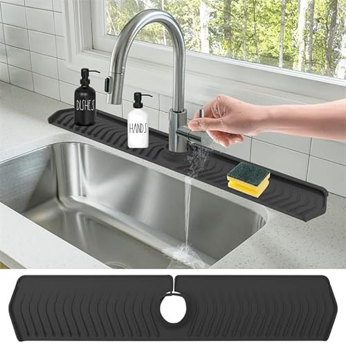 Kitchen Sink Splash Mat Silicone Faucet Handle Drip Catcher Tray Thickness and Slope Upgraded Sink Splash Guard Behind Faucet Protector Mat for Kitchen 30 X 5.7 (Black)
