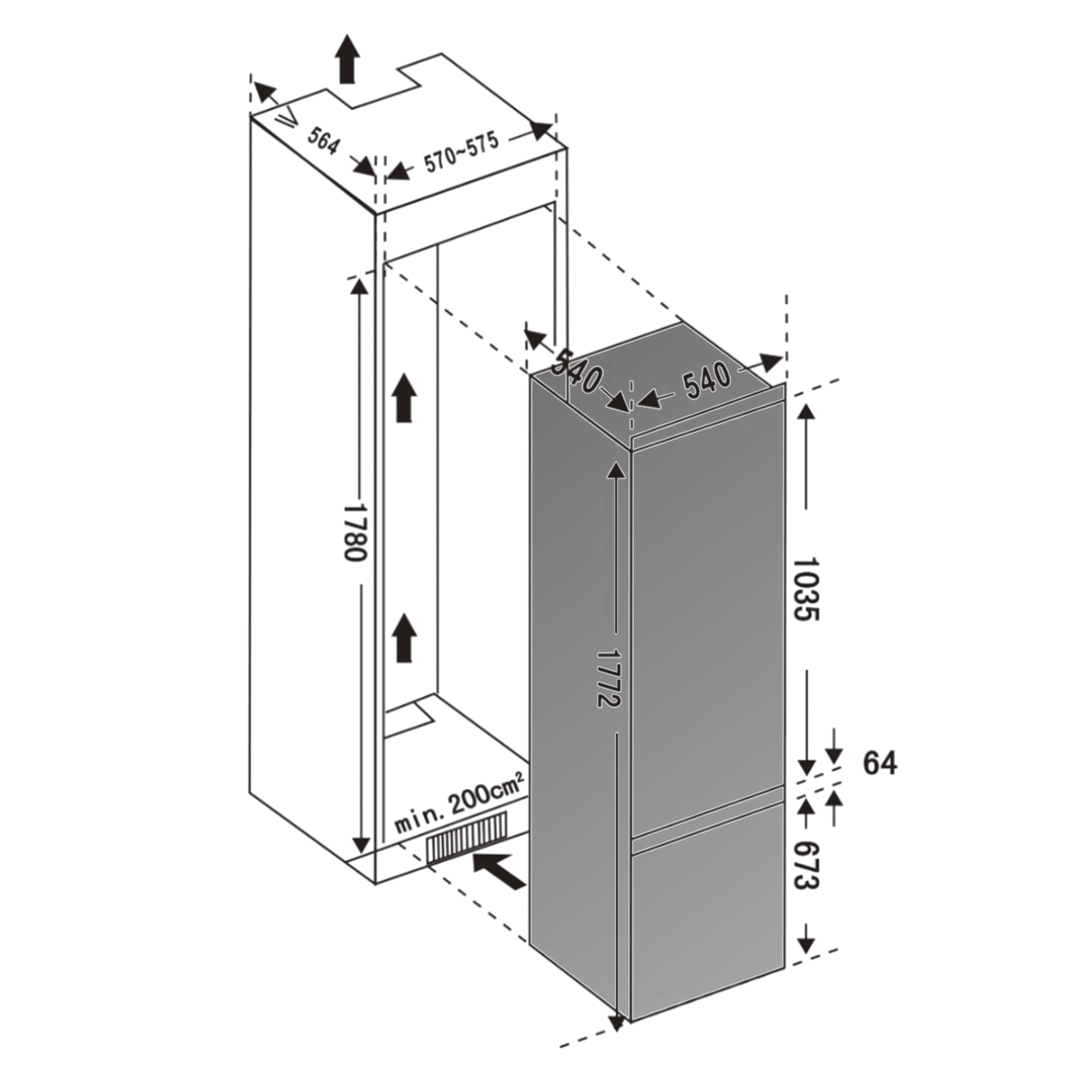 Cecotec Frigorifero Combinato da Incasso Bolero CoolMarket Combi BI-D MC 232 GREY E. 177x54 cm, 232 L, Metal Cooling, Interno Grigio Premium, Classe E, Fast Cooling, Fast Freezing, Efficienza Totale