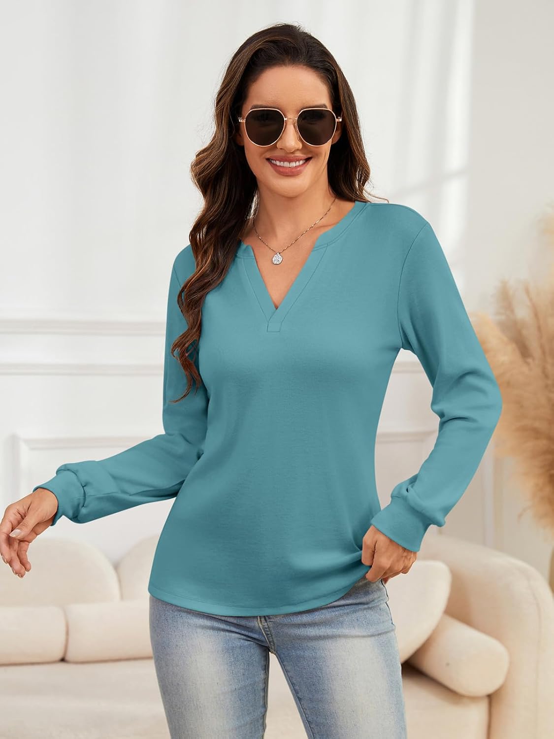 TICTICMIMI Women's V Neck Tops Long Sleeve Henley Shirts Casual Tunic Blouse - Image 2