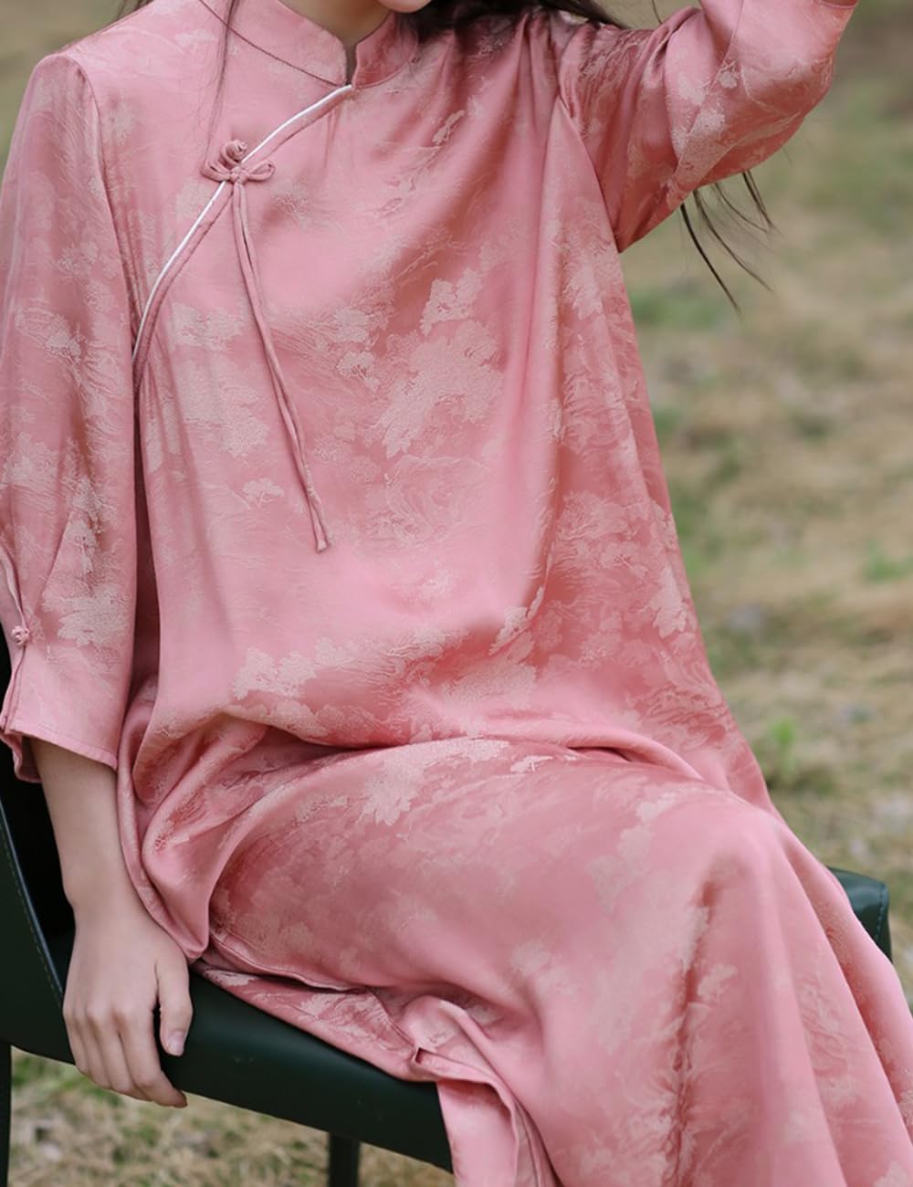 Women Modern Cheongsam Maxi Dress Evening Short Sleeve Dress Floral Brocade Stand Collar Qipao - Image 4