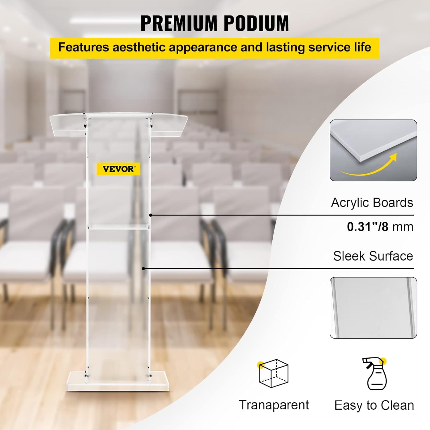 VEVOR Acrylic Podium 45" Tall Plexiglass Podium 26.8"x15" Table Acrylic Pulpits for Churches with 8 mm Thick Acrylic Board Acrylic Podiums and Lecterns Design for Lecture Recital Speech & Presentation : Office Products