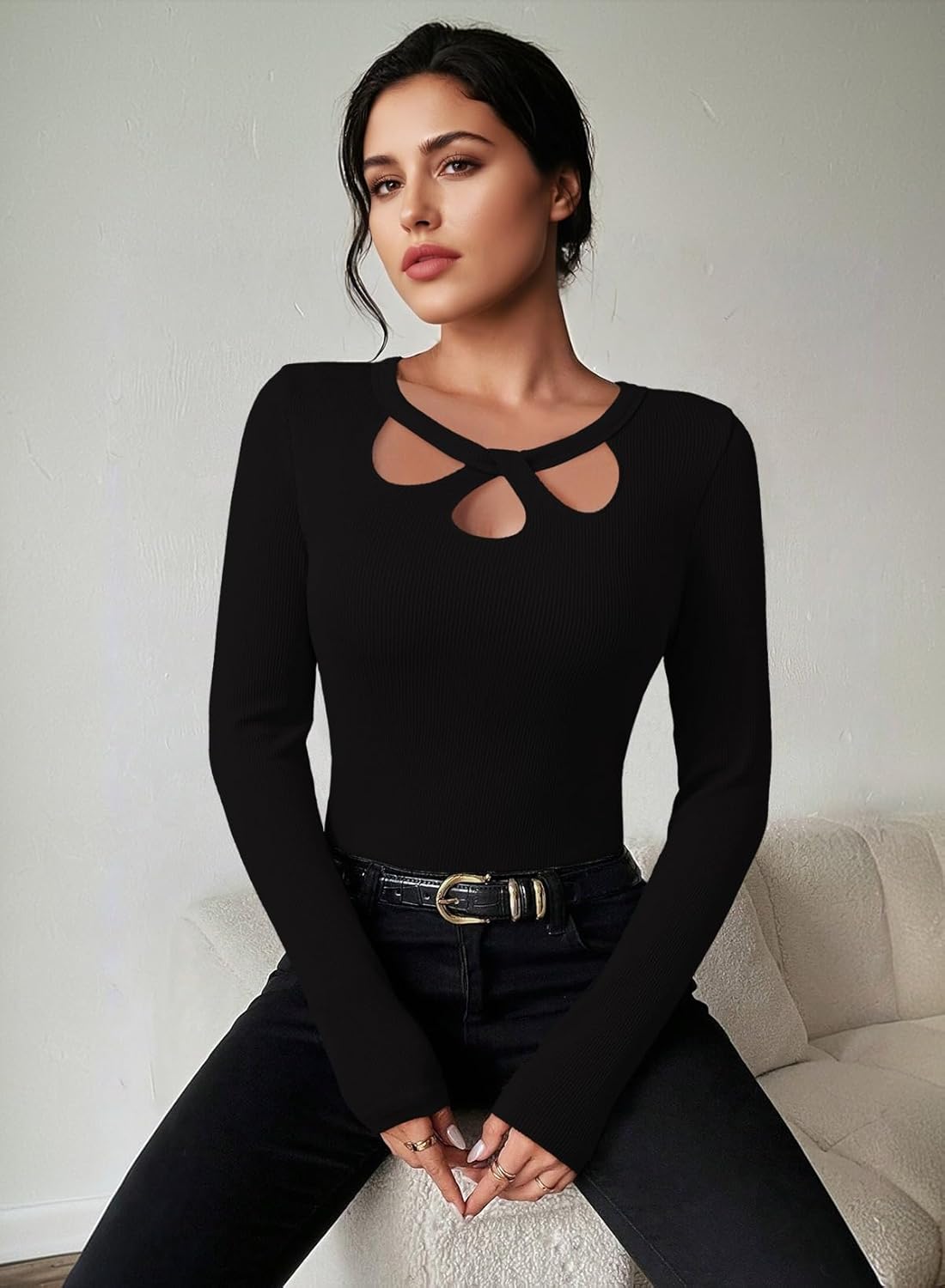 Pink Queen Sexy Tops for Women Fall Clothes Long Sleeve Cutout Keyhole Neck Top Ribbed Knit Shirts - Image 3