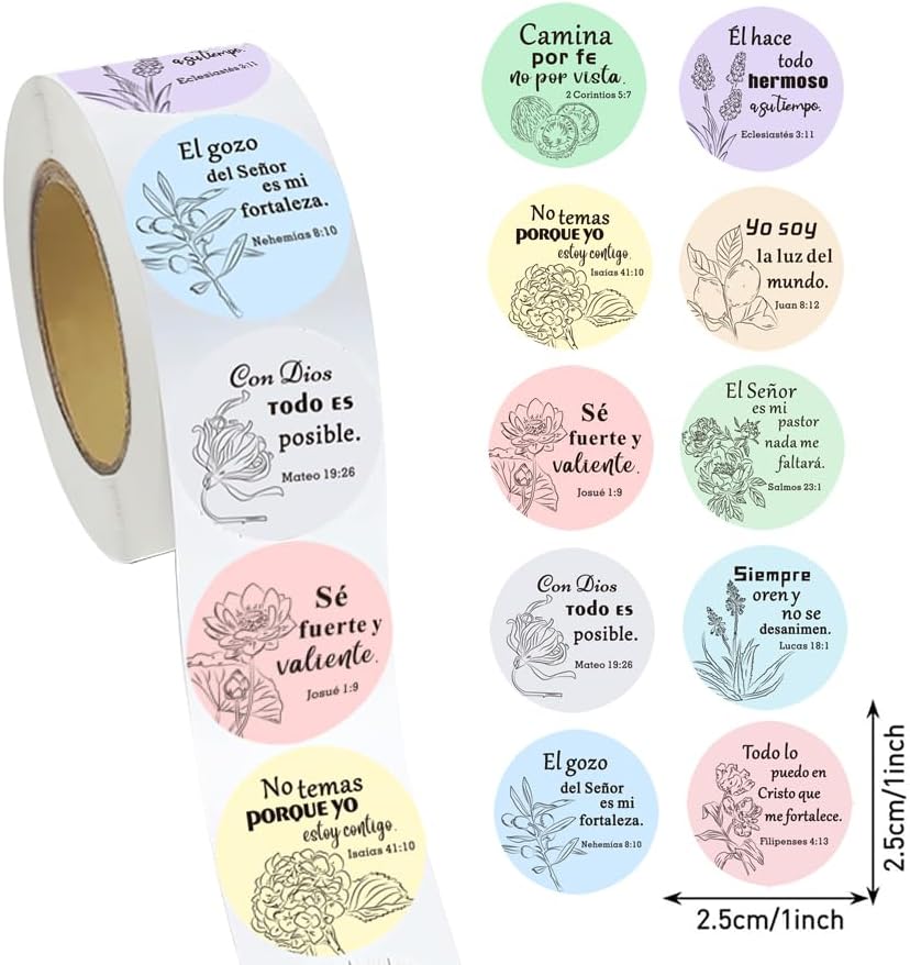 500 Pcs Spanish Bible Verse Stickers Roll, Minimalist Floral Christian Inspirational Scripture Labels, 10 Designs 1 Inch Round Religious Stickers for Gift Wrapping, Packaging, Envelopes and Journals