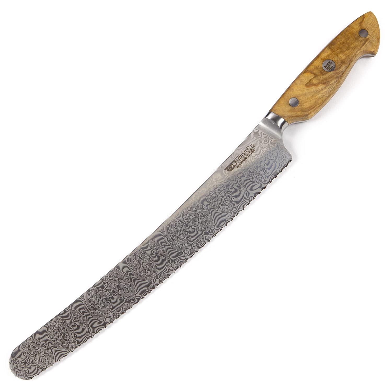 Eagle U-Grip - Brotmesser 26 cm - Voll-Damaststahl 108 Lagen/Heftschalen: Olivenholz aus Süditalien
