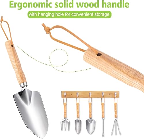 Miniatura 5 de Herramientas de jardín de 5 piezas, herramientas de mano de jardinería resistentes con mango de madera, guantes de lona, material de acero