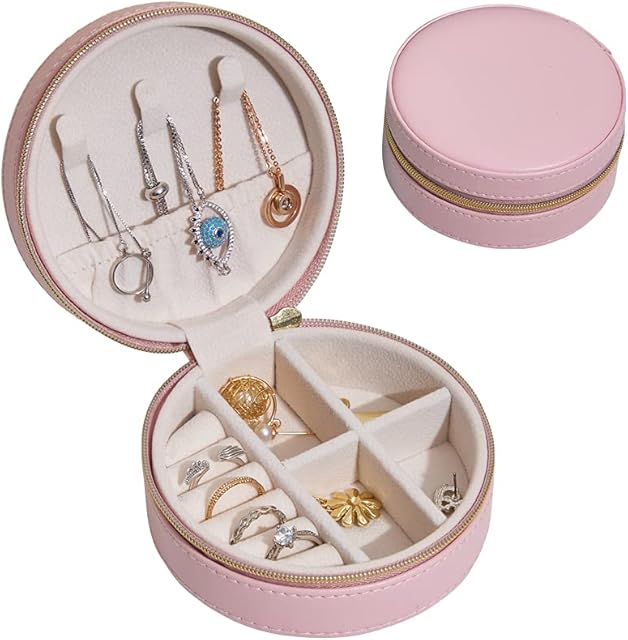 FANDOL Small Jewellery Box Organizer - Jewelry Case for Rings, Earring, Necklaces, Faux Leather Jewellery Storage box for Girls Women Travel (Pink)