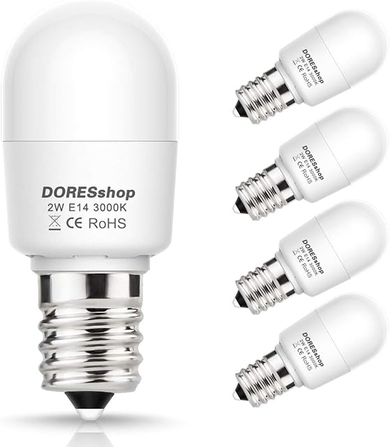 DORESshop E14 LED Light Bulb Small, 2W SES E14 Mini LED Bulbs(Equivalent to 20W-25W), 3000K Warm White, 200LM, 240°Beam Angle, Non-Dimmable, for Fridge, Range Hood and Night Light, 4 Pack