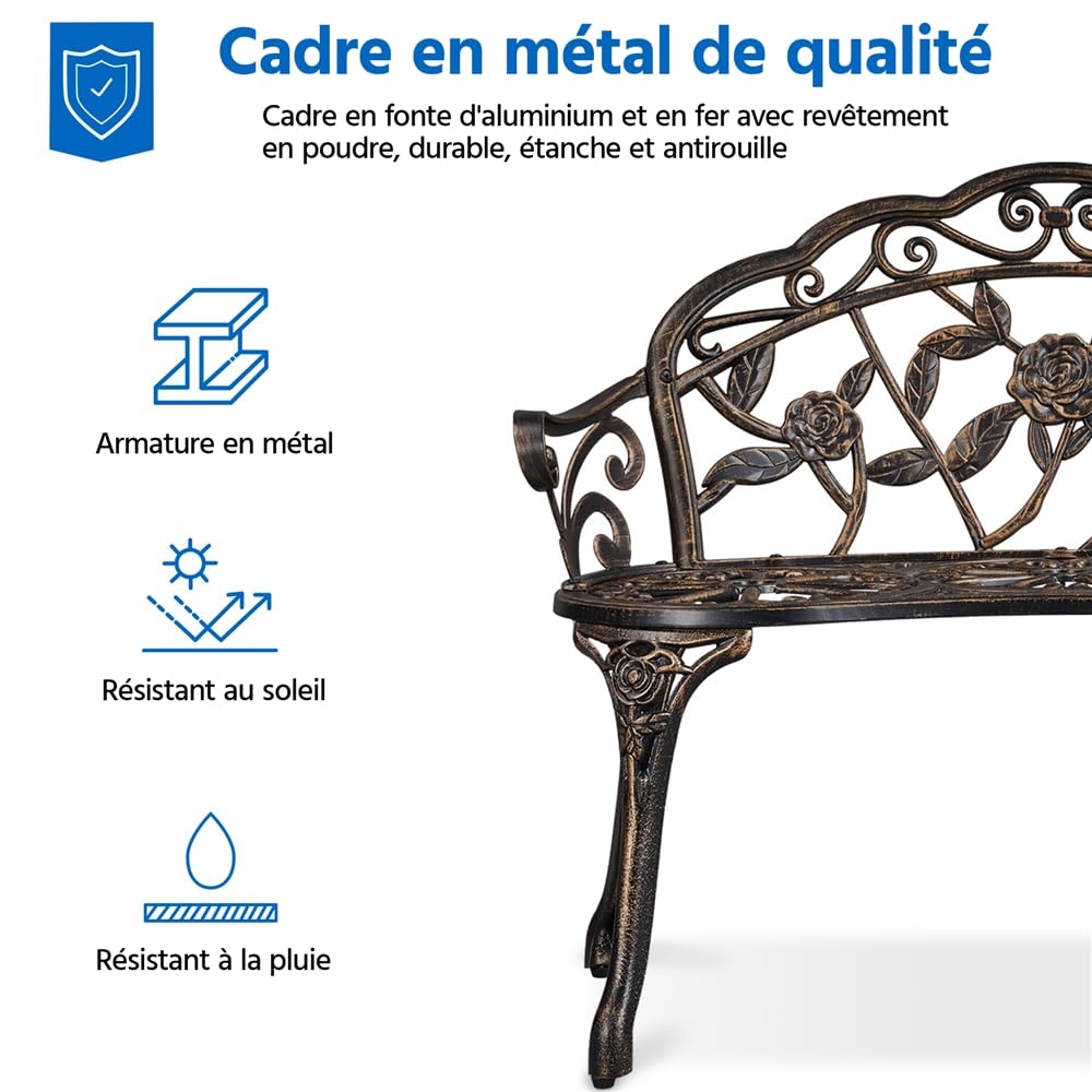 Yaheetech Banc de Jardin Extérieur Mobilier de Jardin en Aluminium Siège de Parc Bronze Vintage avec Dossier 99,5 x 57 x 78,5cm