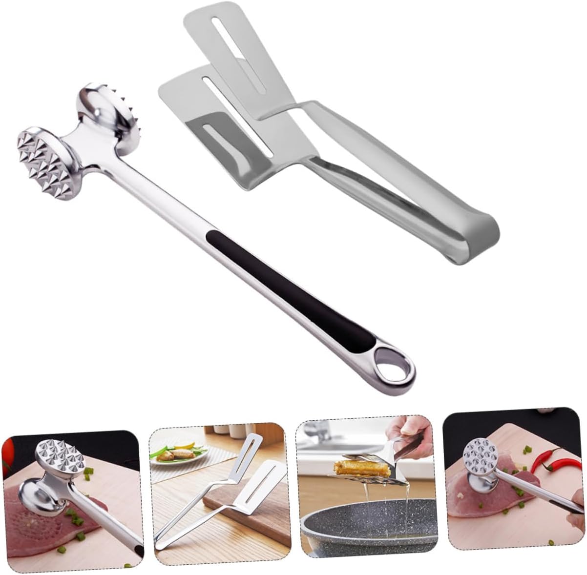 Unomor 2pcs Meat Pounder Tenderizer Steak Hammer Grilling Spatula Stainless Steel Kitchen Tool