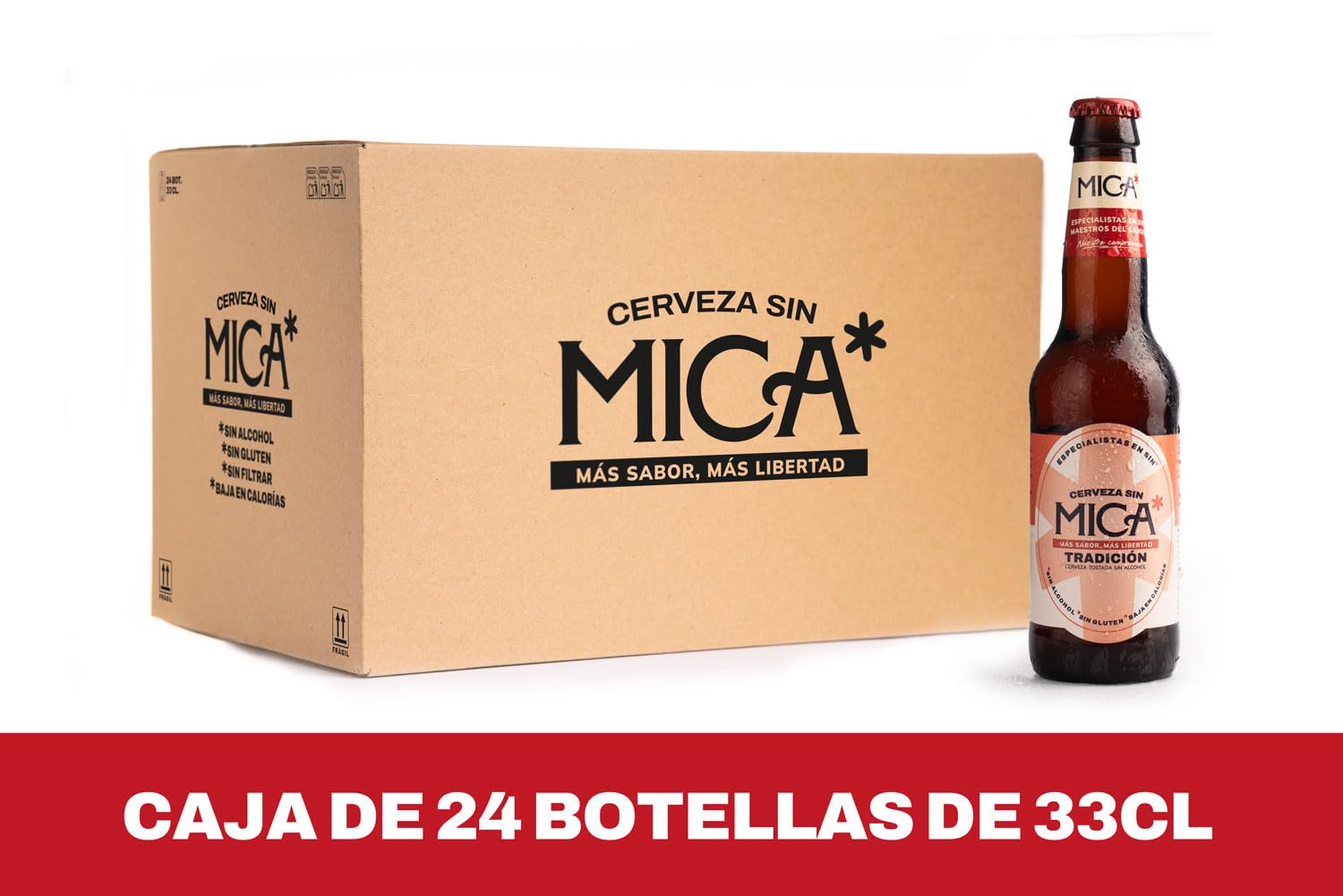 Cerveza Mica Tradición - Botellas de 33 cl. Cerveza Sin Alcohol Tostada (0,4% alc. vol.), Sin Gluten, Sin Filtrar y Baja en Calorías. (24)