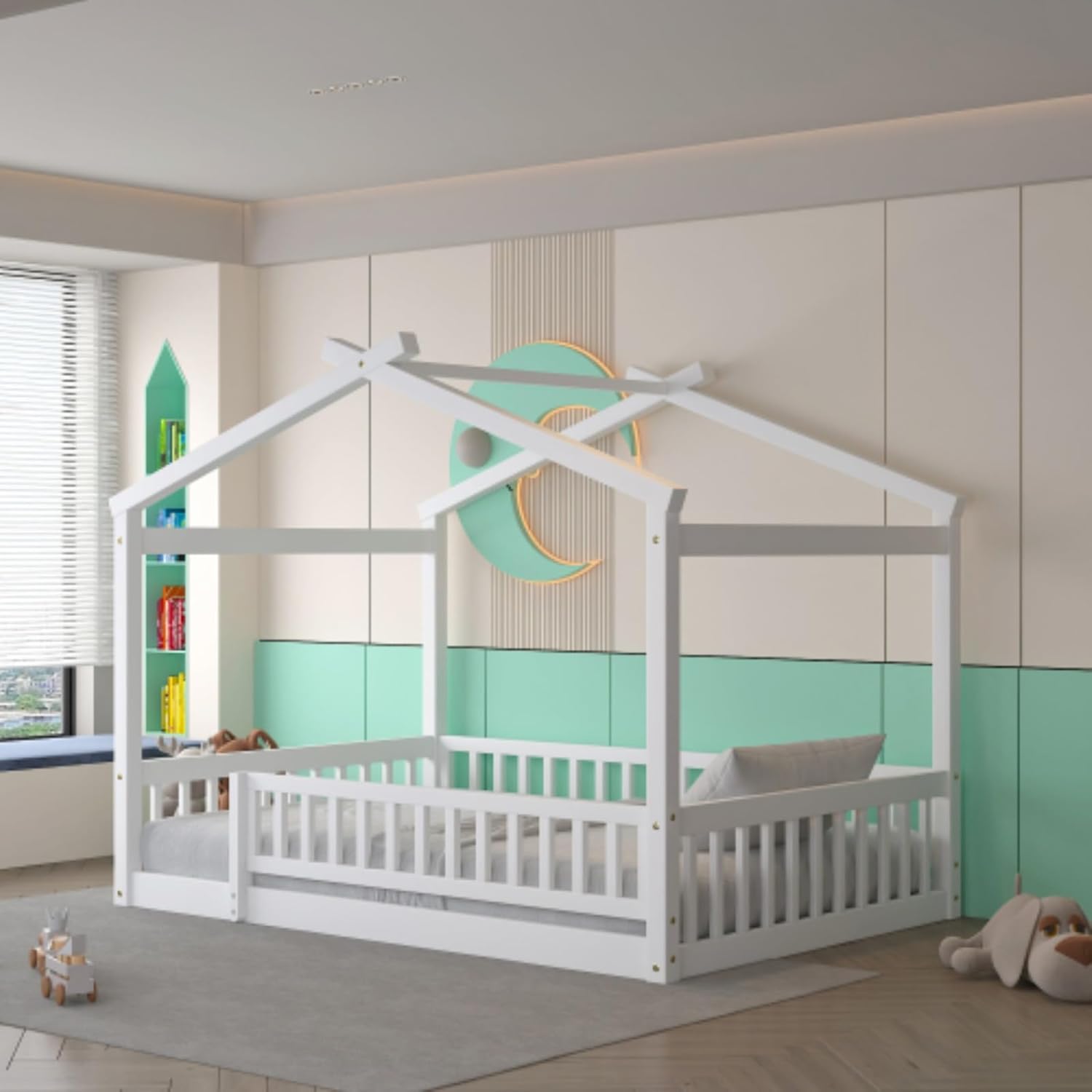 Full Size Bed House Bed Floor Bed Children's Bed Solid Wood Bed Frame with guardrail, Suitable for Children and Teenagers Modern and Simple White