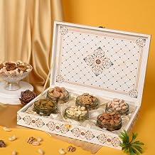 Riwaz Luxury White Flower Giftbox,filled Almonds, Cashew, Pistachio, Walnuts, Raisins & Khumani|6 airtight Jars |A Thoughtful Present for Corporates, Wedding & Festival Gifting