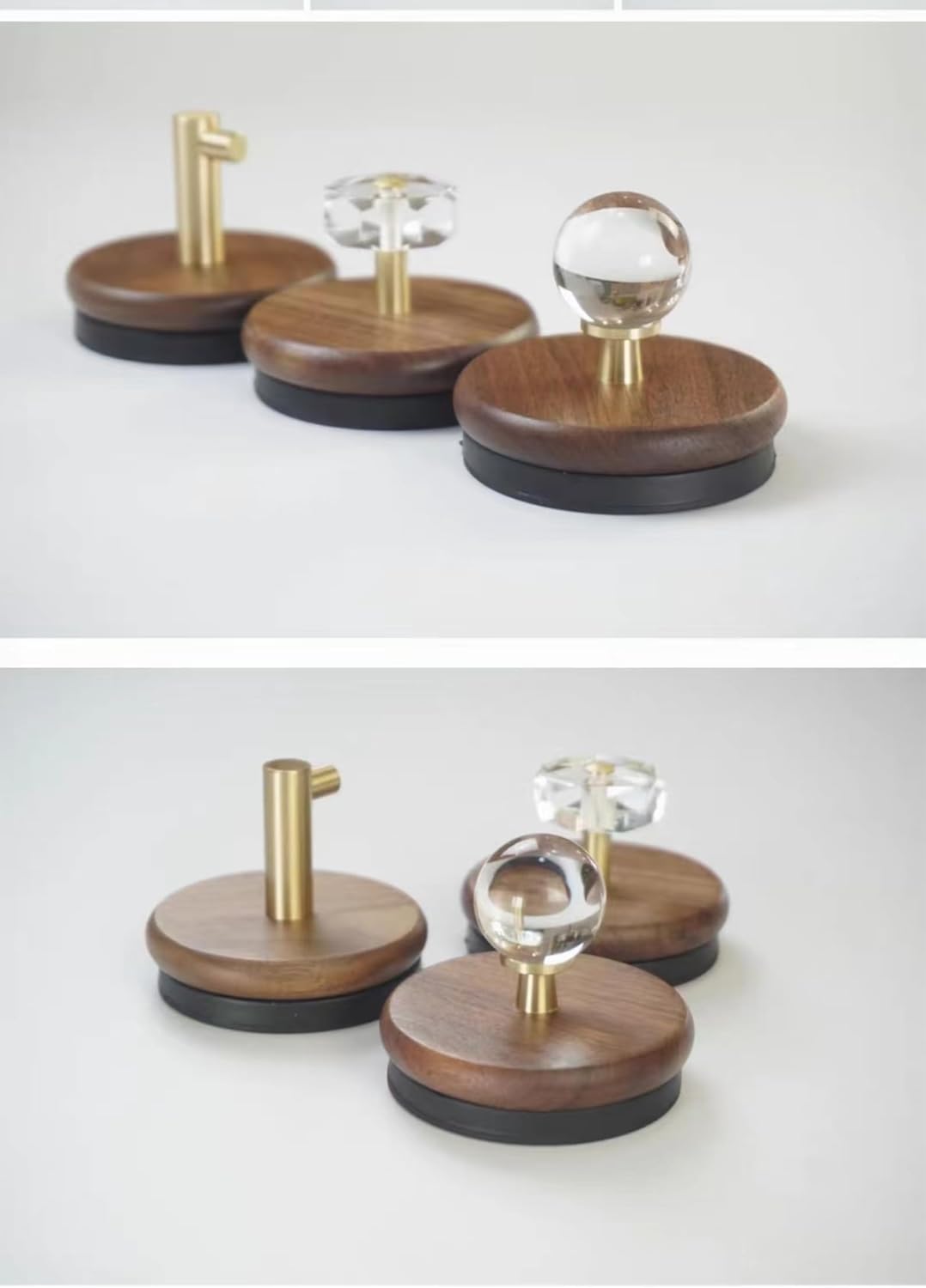 3 Pcs Magnetic Hooks for Hanging, Multi-Purpose Strong Bearing Capacity Farmhouse Natural Rustic Brass & Walnut Wood Hooks for Coats, Towel, Hat, Keys, Purse