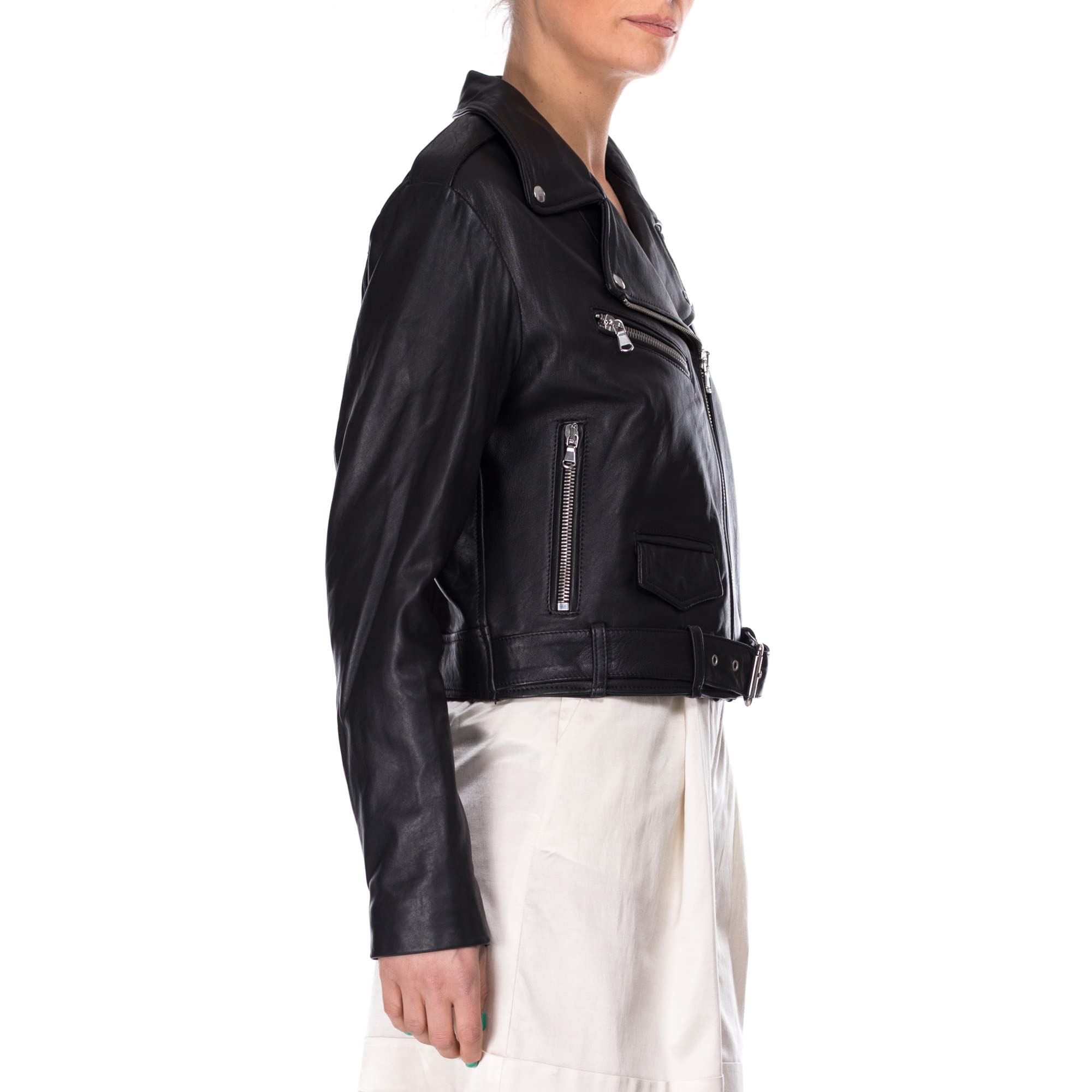 Damskie paznokcie z czarnej prawdziwej skóry, Full Grain, Cropped Fit - Made in Italy