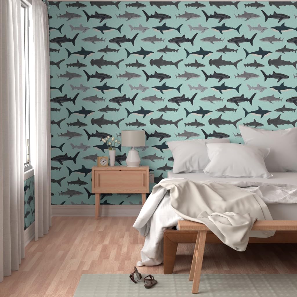 Peel & Stick Wallpaper 3ft x 2ft - Shark Mint Boys Kids Ocean Animal Sea Creature Hammerhead Great White Whales Sharks Beach Custom Removable Wallpaper by Spoonflower