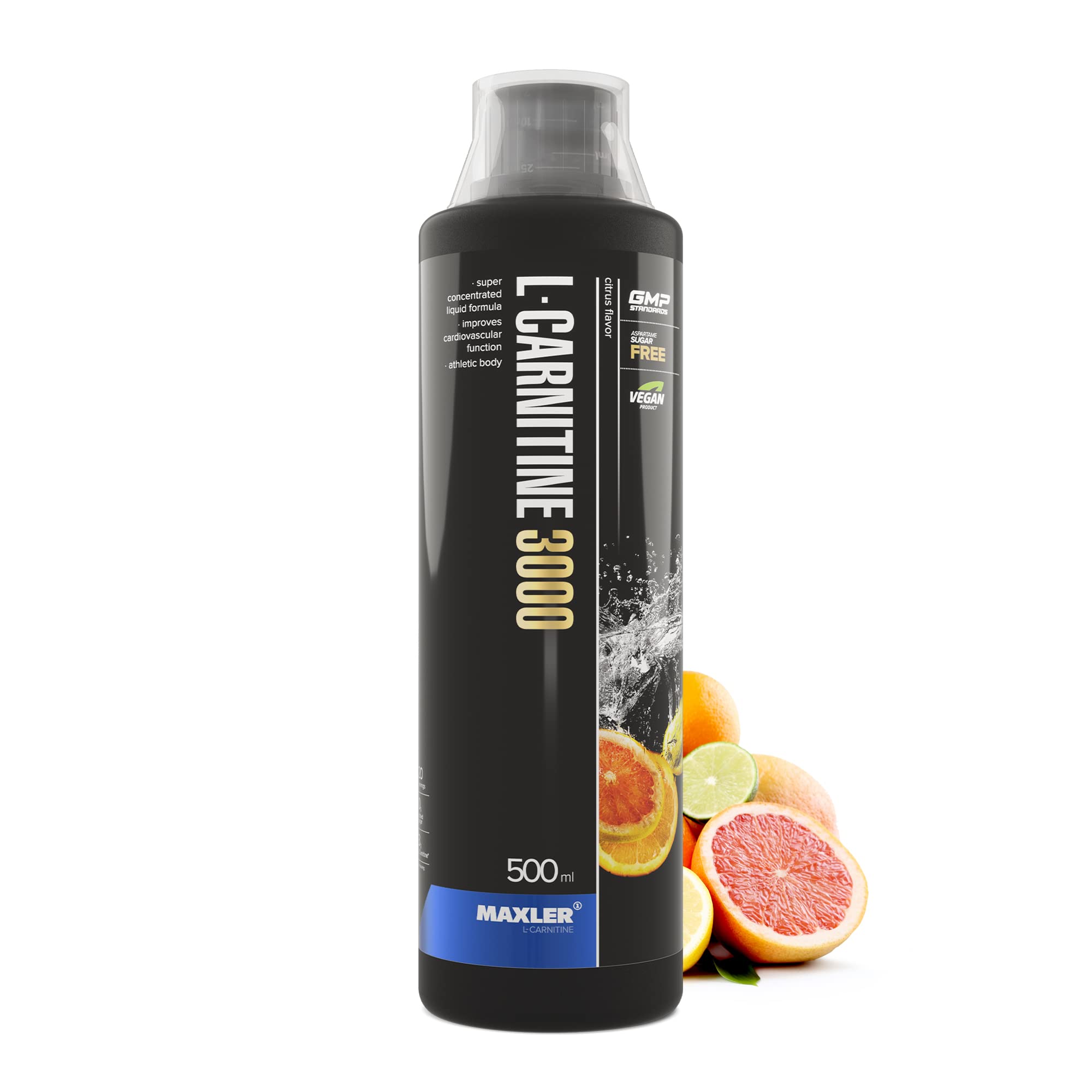 Maxler L-Carnitine 3000 - Citrus - 500 ml - High dose L Carnitine Liquid - Vegan Nutritional Supplement - 3000mg Active Substance Per Serving - 20 Portions - Measuring Cup Included