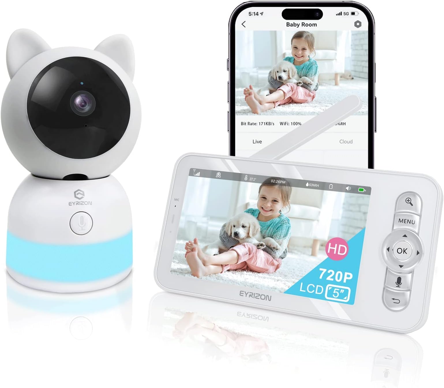 Baby Monitor - Upgraded 2K HD WiFi Baby Camera and Audio Monitor, 5" 720P Screen, for Night Vision, Motion/Cry Detection, Lullabies, Temp & Humidity, 2-Way Talk, Cover 1000ft, Smart Phone App