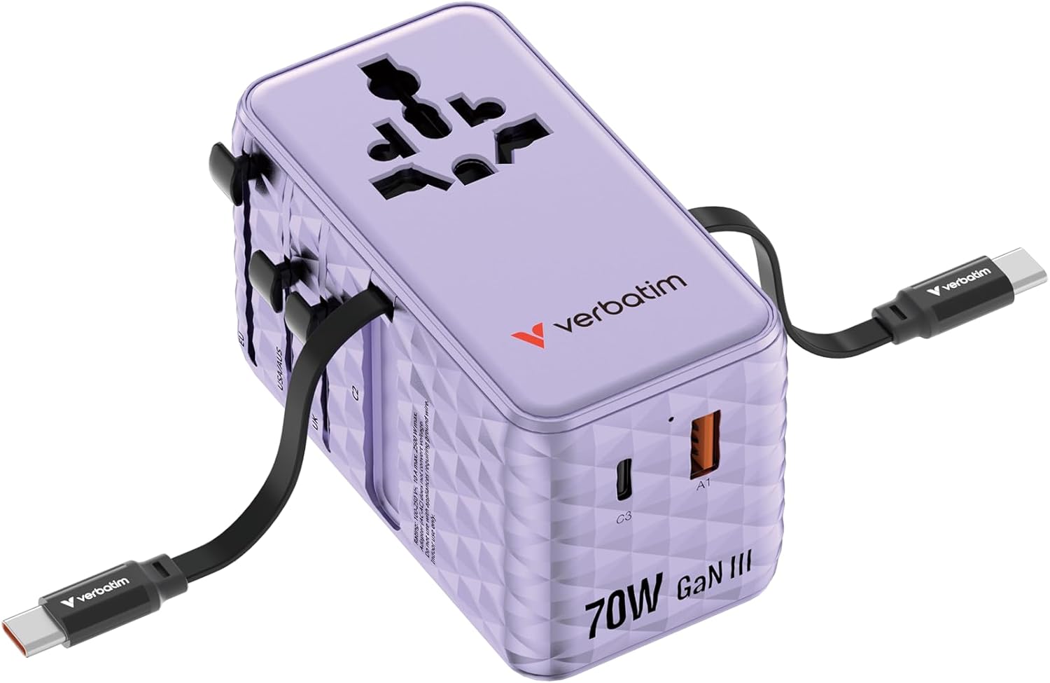 Verbatim Charge 'n' Travel 70W 2C Retractable Universal Travel, W129238067 (Retractable Universal Travel Adapter Purple)