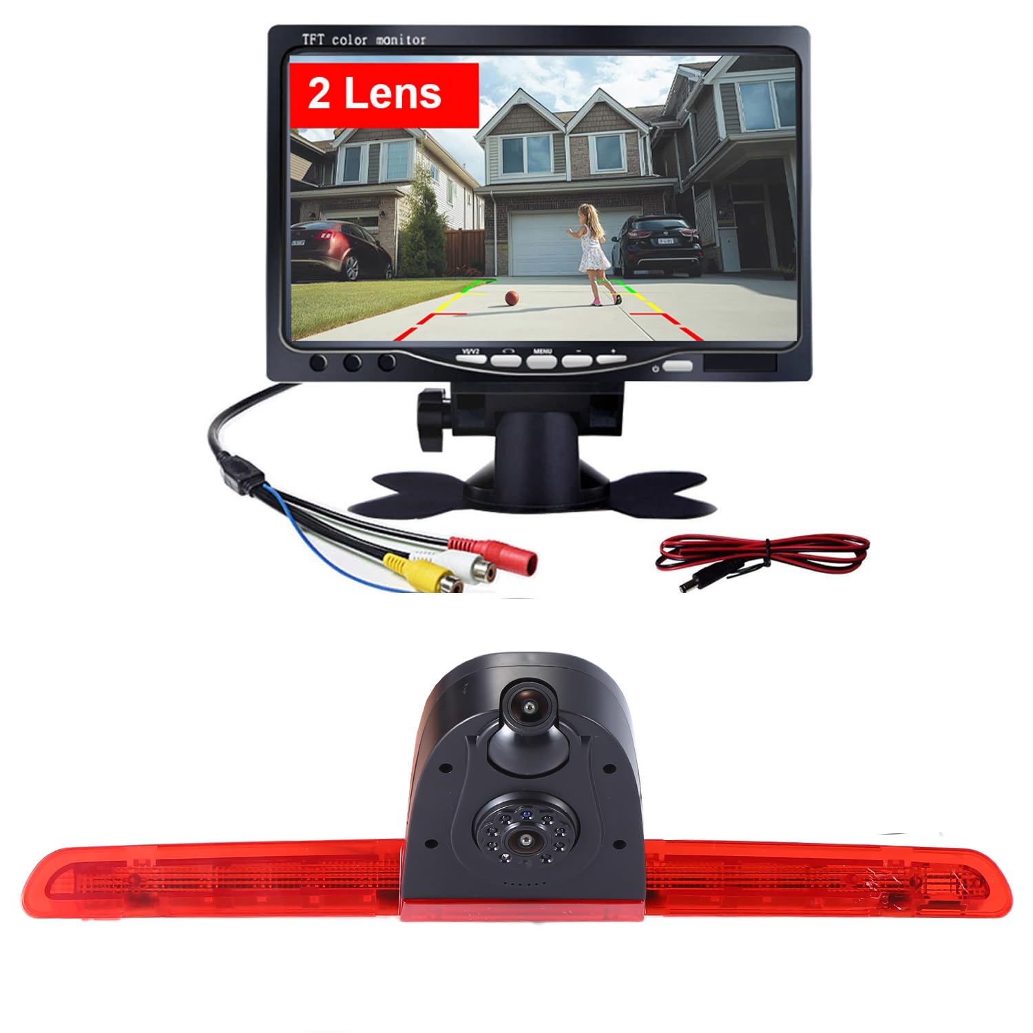 Zestaw podwójnych kamer cofania z monitorem TFT LCD 7", światło hamowania, kamera cofania z dwoma soczewkami do VW T6, klapy bagażnika, wysokiego dachu, lampa stopu, transporter, biznes, MPV, SUV Bus