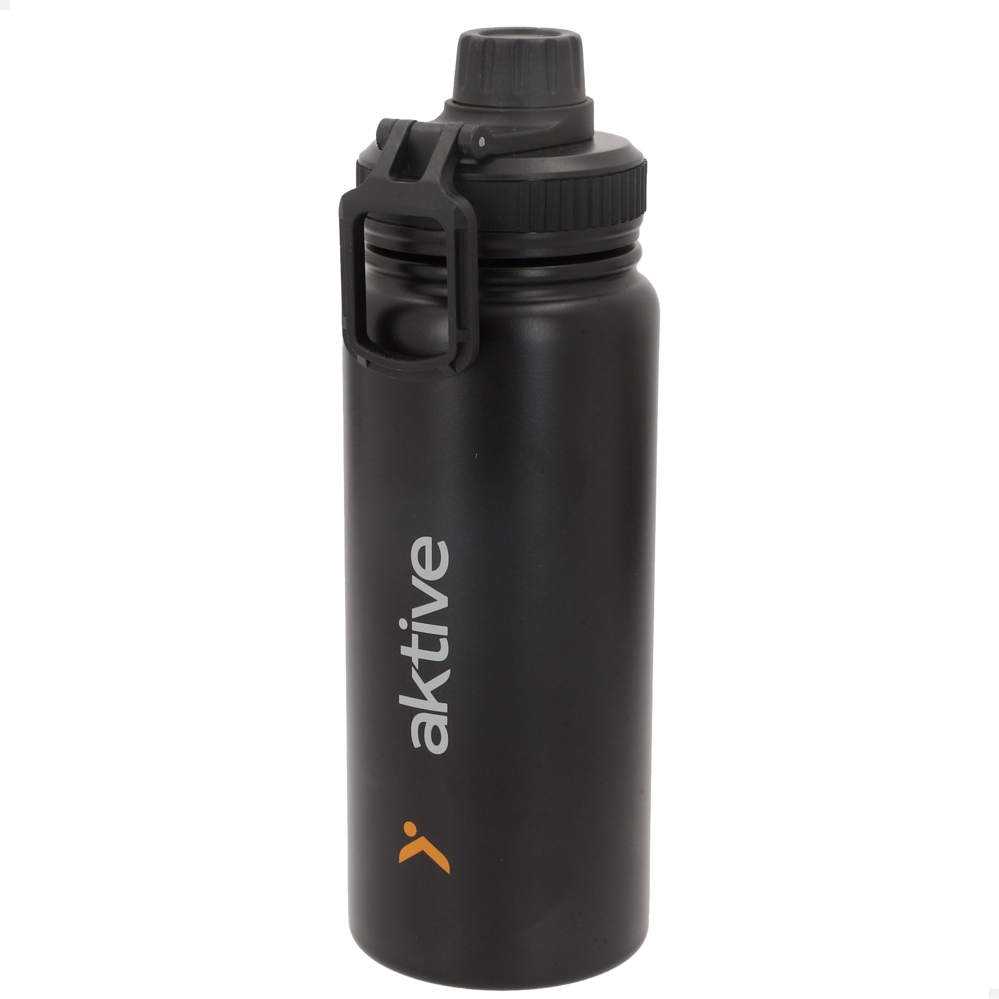 AKTIVE Botella Térmica de Acero Inoxidable, 600 ml, Negro, Sistema Antigoteo, Asa de Transporte, Libre de BPA, 8.5x8x24 cm