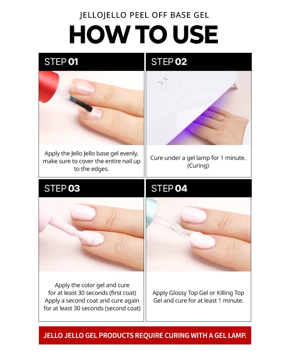 JelloJello Peel-Off Base Gel (10ml) Peelable Gel Nail Base, Easy Removal, DIY Self Nail, UV/LED Cure