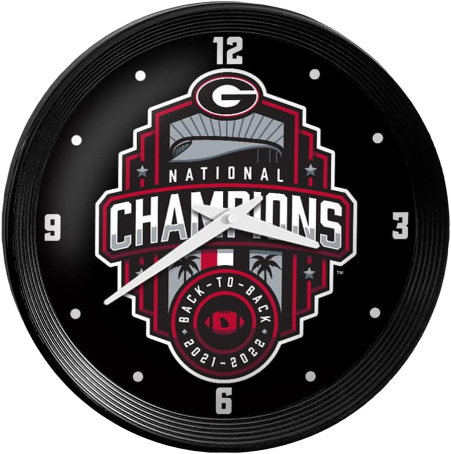 The Fan-Brand NCAA Georgia Bulldogs Ribbed Frame Wall Clock: National Champions, Black - Football, Basketball & Baseball, College Wall Decor for Home, Office, Game Room, Fan Cave & Garage
