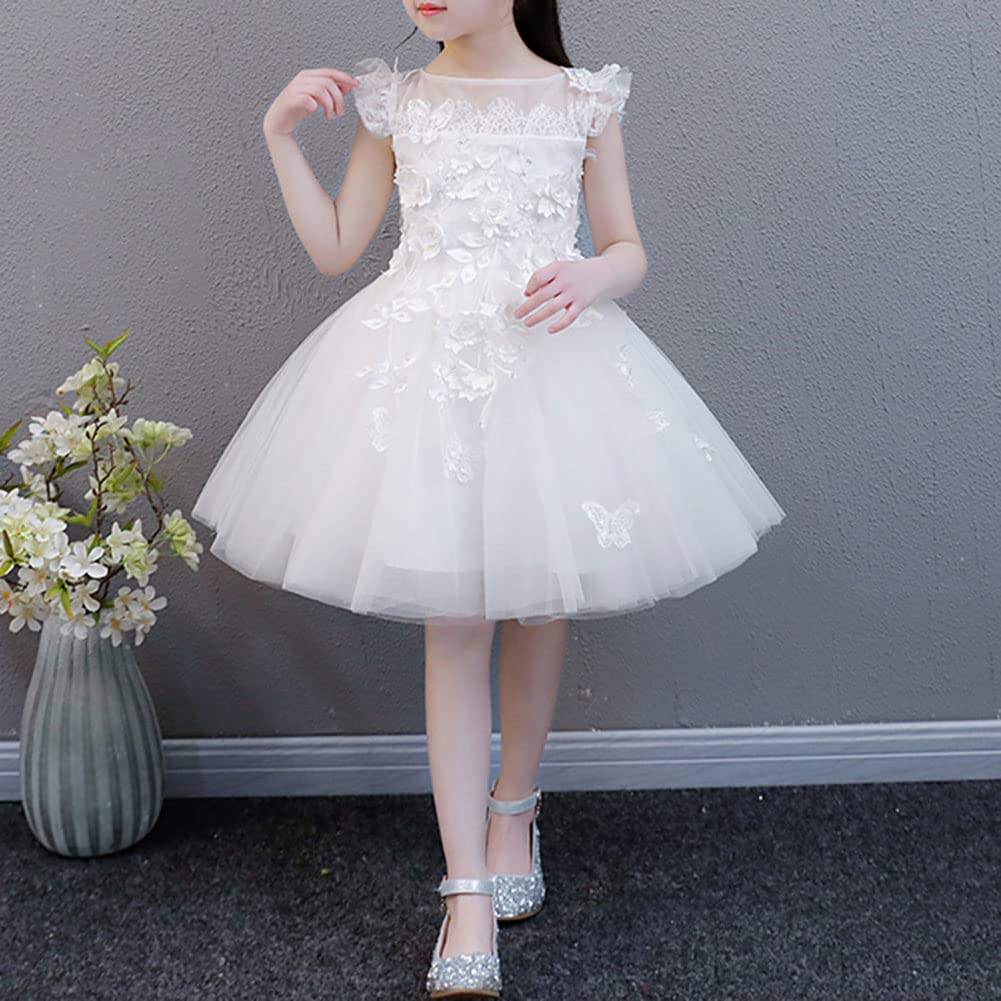 Ragazze Impreziosito da Fiori Pizzo Ricamato Abito tutù in Tulle Senza Maniche Abito da Ballo per Spettacolo di Nozze Abiti da Battesimo Fiore Comunione