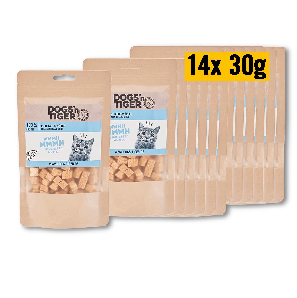 Dogs'n Tiger – Golosinas para Gatos 100% de Carne, Aperitivos para Gatos adaptados a la Especie sin azúcar, Cereales y sabores Artificiales, Bien tolerados (Filete de salmón liofilizado | 14 x 30 g)