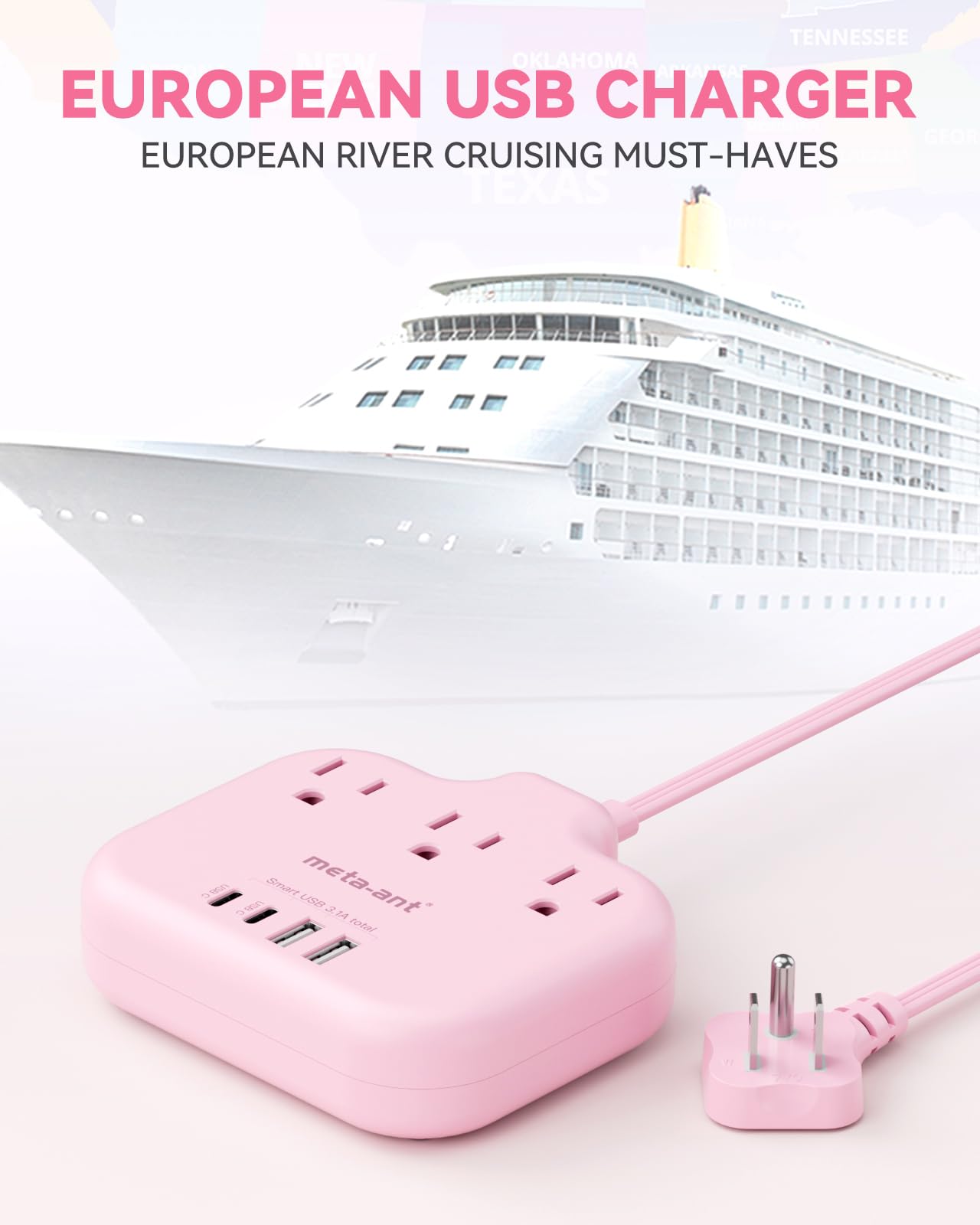Meta-ant - Cable de extensión rosa de 5 pies, cable de extensión plano con 3 tomacorrientes, 4 USB (2 USB-C) 3.1A, tira de alimentación, cable largo rosa 1625W, compacto para lindo computadora Kawaii