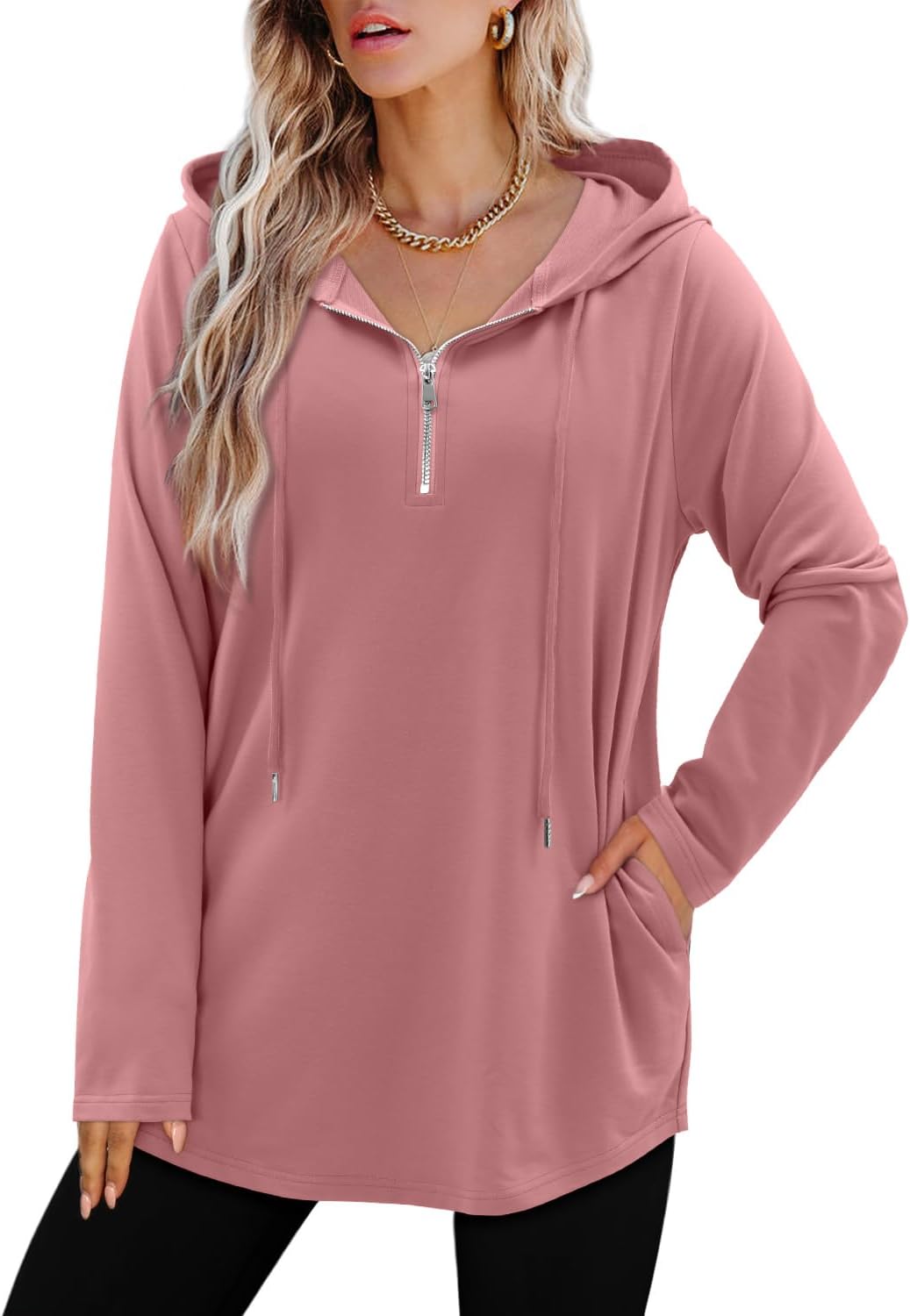 BETTE BOUTIK Womens Quarter Zip Tunic Hoodies Pullover Long Hooded Sweatshirts S-3XL - Image 4