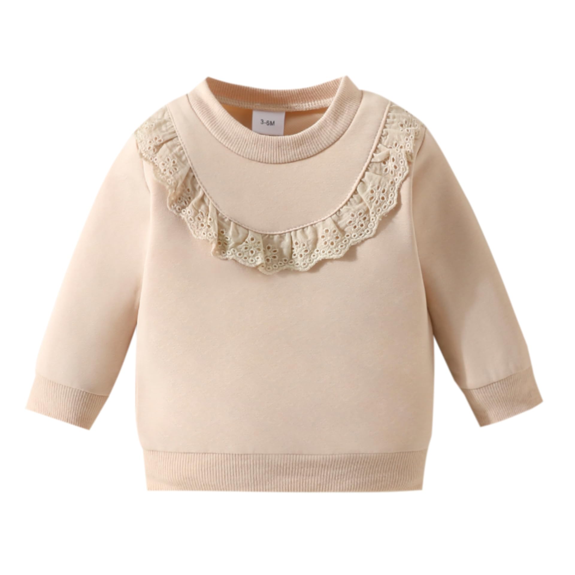 Yanmucy Sweatshirt pour Bébés Filles Vêtements Coton à Volants et Dentelle Sweatshirts Crewneck à Manches Longues Jumper Top Décontracté (FR/ES, Âge, 12 Mois, 18 Mois, Beige)