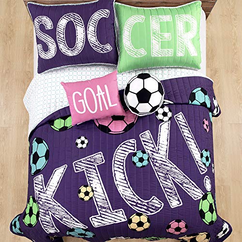 Lush Decor Girls Soccer Bedding Set, Full / Queen - 5 Pieces Includes Reversible Comforter Quilt, 2 Pllow Shams And 2 Accent Pillows, Purple #TOP1