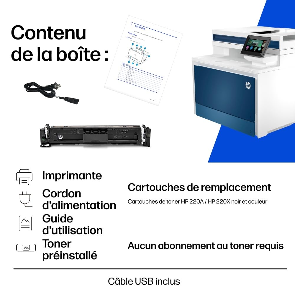 HP Color LaserJet Pro MFP 4302dw, 4RA83F, Imprimante Multifonction A4, Impression Recto Verso Automatique, 33 ppm , USB, Wi-Fi, Ethernet, Copie, Numérisation, ADF, Écran tactile 4,3", Bleu