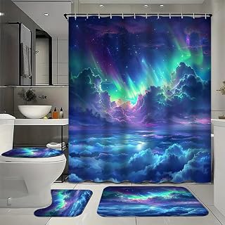4Pcs Aurora Over Clouds Waterproof Shower Curtain with 12 Hooks, Modern Colorful Northern Lights Bathroom Curtains Set with Rug, U Shape Mat and Toilet Cover for Home Decor