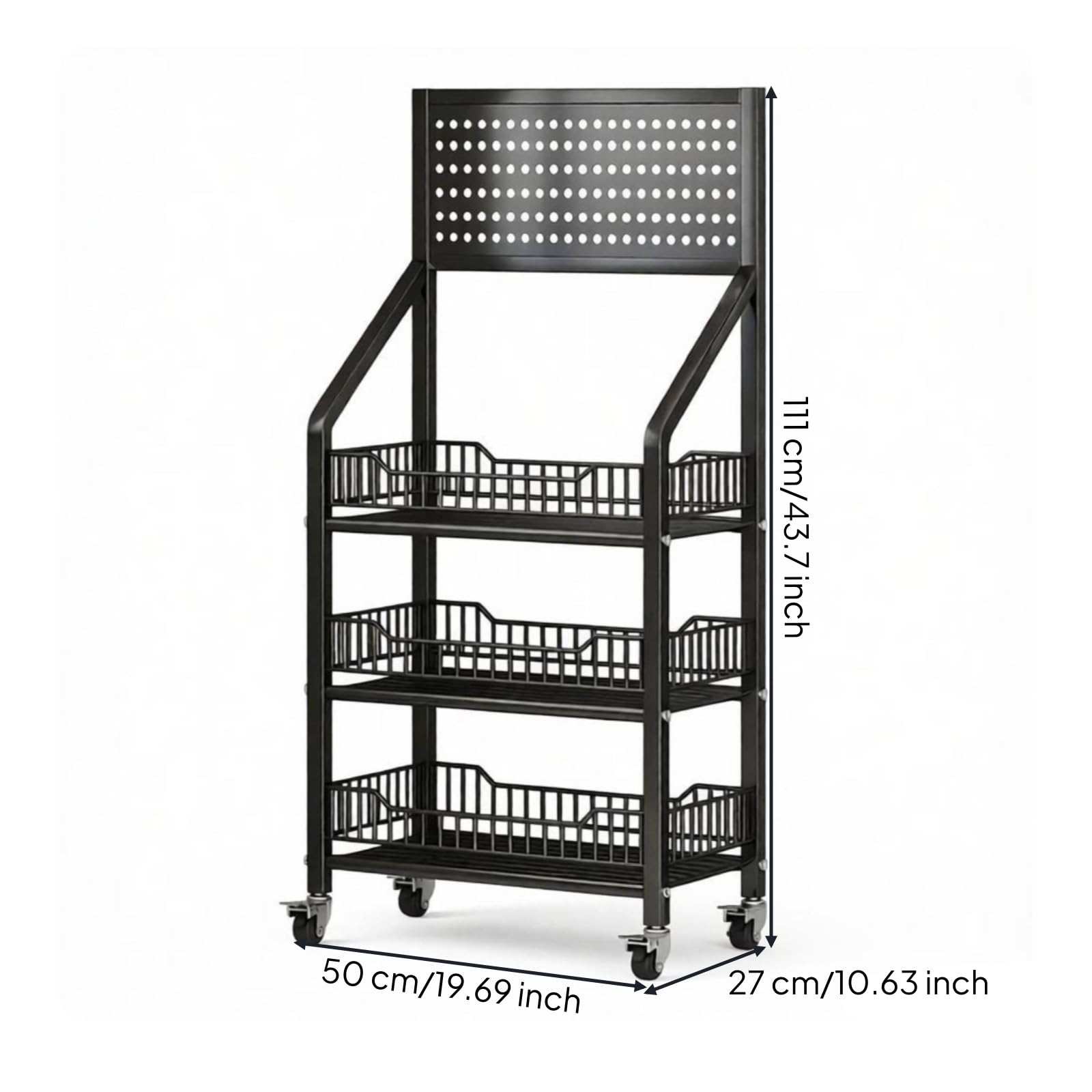 Étagère sur Roulettes avec Crochets Métallique Étagère Rangement avec Roulettes Mobile Meuble pour Cuisine, Bureau, Entrée, Noir, Trois Niveaux 50cm