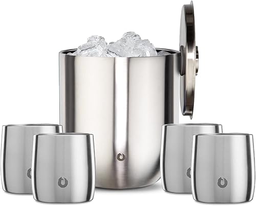 SNOWFOX Cubo de hielo de acero inoxidable con aislamiento al vacío de 3 L con tapapinzas y juego de 4 vasos de rocas, accesorios de bar para el