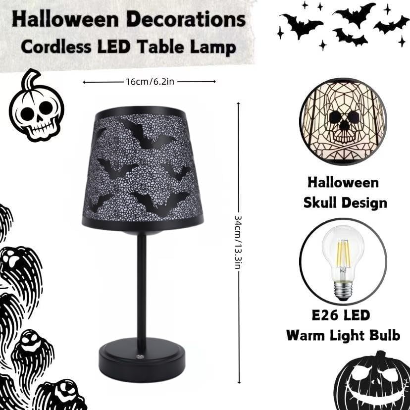 Black cordless charging touch Table Lamp, 3-level brightness adjustment, equipped with metal lampshade, ambient lightingTable Lamp, 2-piece set for dining/bar/living room/room/bedroom (bat pattern)