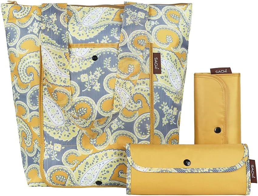 Sachi Insulated Market Tote Bags 3-Piece Reusable Lunch & Grocery Cooler Set with Zipper Foldable, Eco-Friendly Thermal Bags for Shopping, Travel & Picnics Grey Yellow Paisley