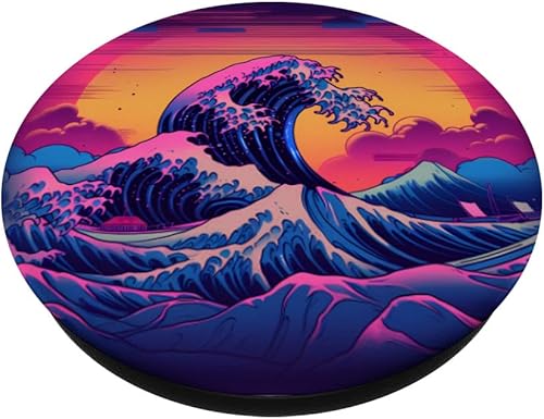 Miniatura 2 de Synthwave - PopSockets de arte japonés con gran ola de Kanagawa PopSockets intercambiables