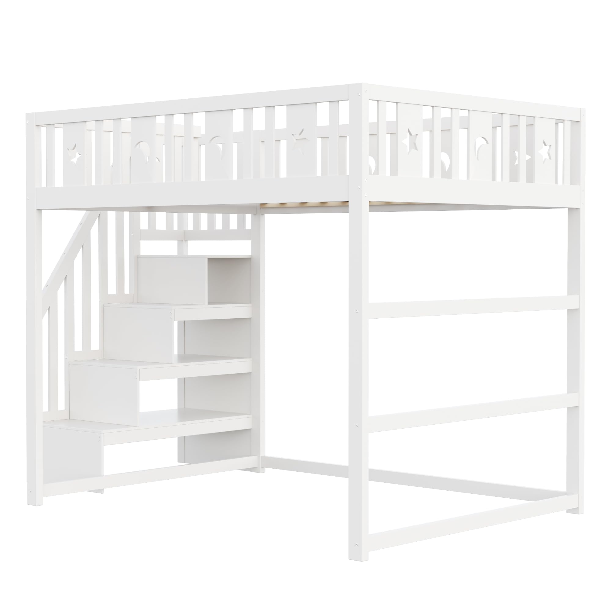 Etagenbett 140x200 cm, Kinderbett mit Treppe | Ohne Matratze, Holzbett mit Stern- und Monddekoration, Bett für Kinder Jugendliche Massivholz Weiß