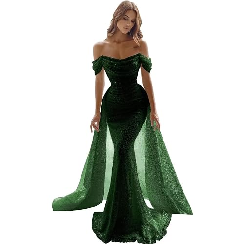 Sparkly Mermaid Prom Dresses for Women Sequin Off The Shoulder Detachable Train Evening Dresses Long Ball Gown